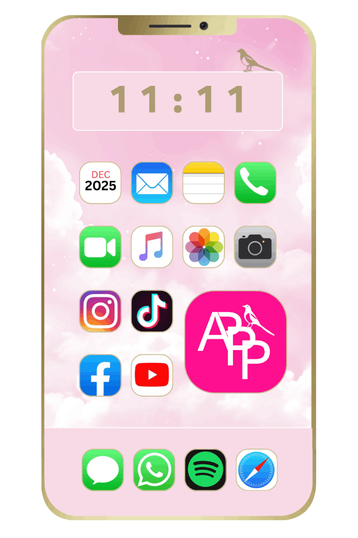 Phone screen with app icons on a pink background