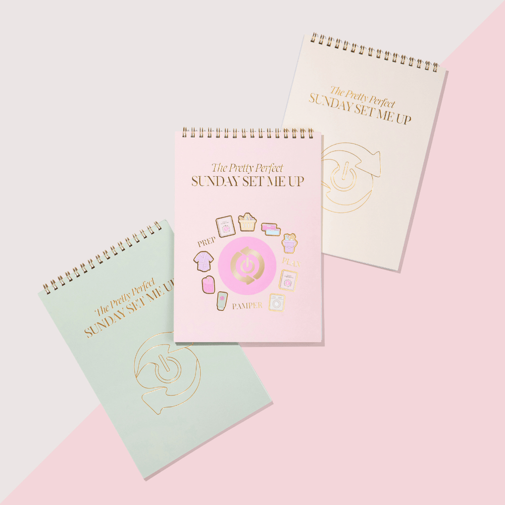 Three spiral-bound notebooks with 'The Pretty Perfect Sunday Set Me Up' text on a pink and white background.